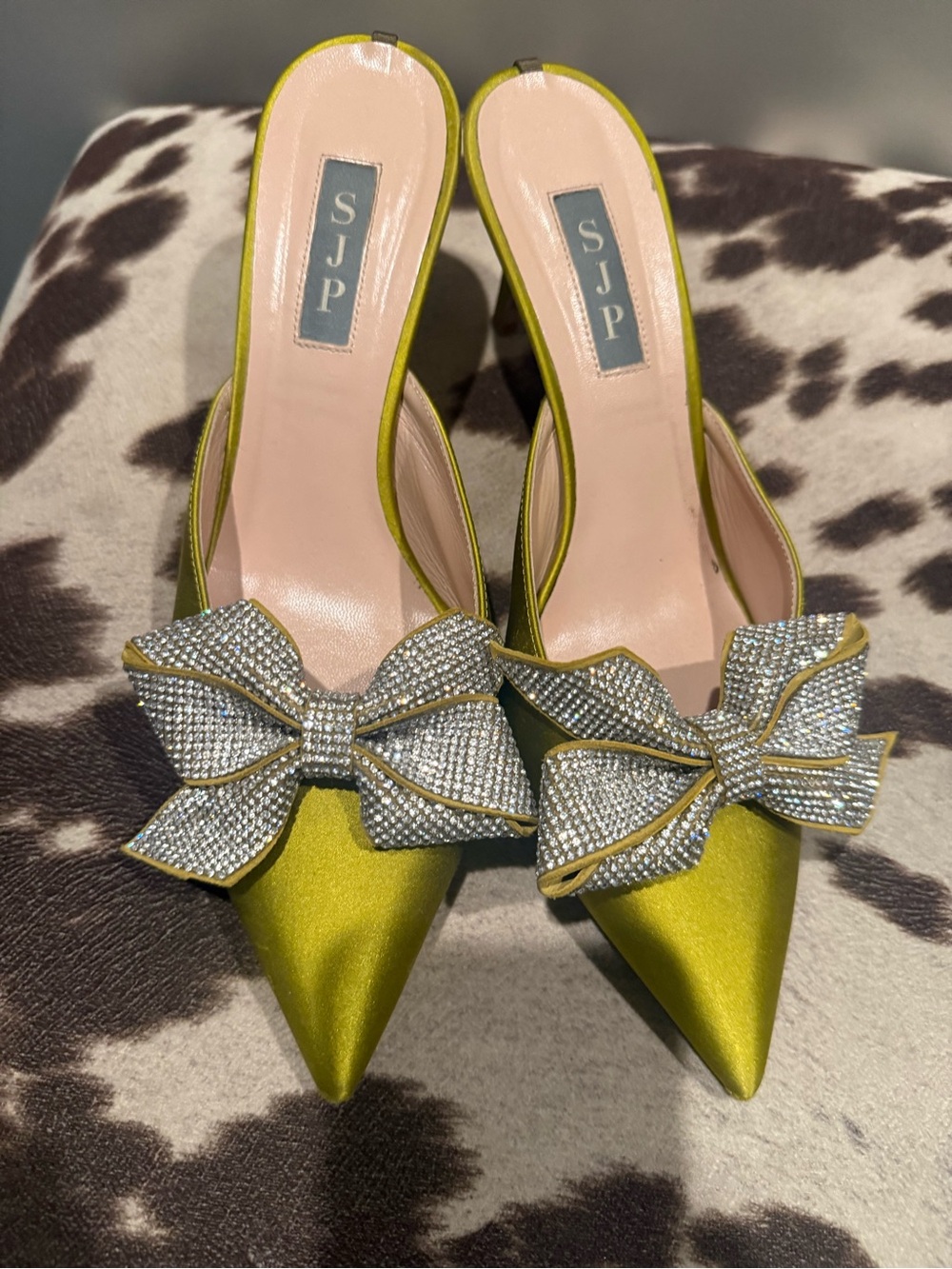SJP by Sarah Jessica Parker Olive Green Satin Pointed Mules with Crystal Bow